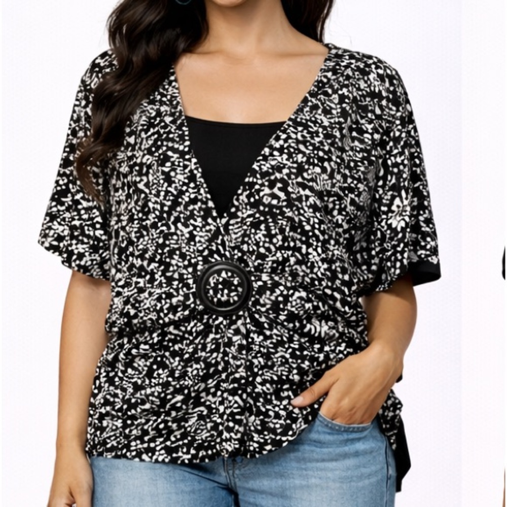 Notations Black and White Speckled V-Neck blouse with Buckle